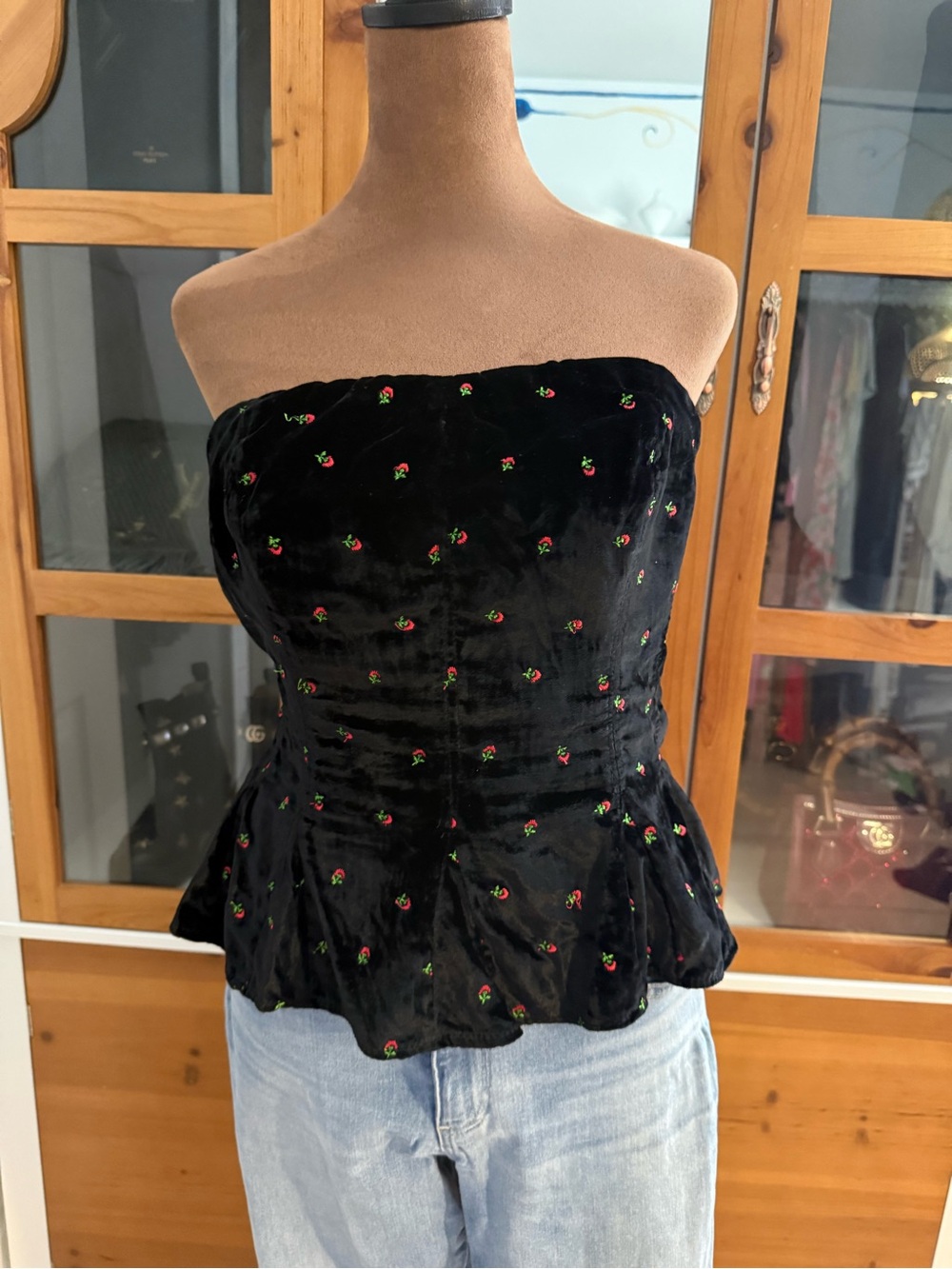 Free People Black Velvet Strapless Peplum Camisole with Cherry Embroidery